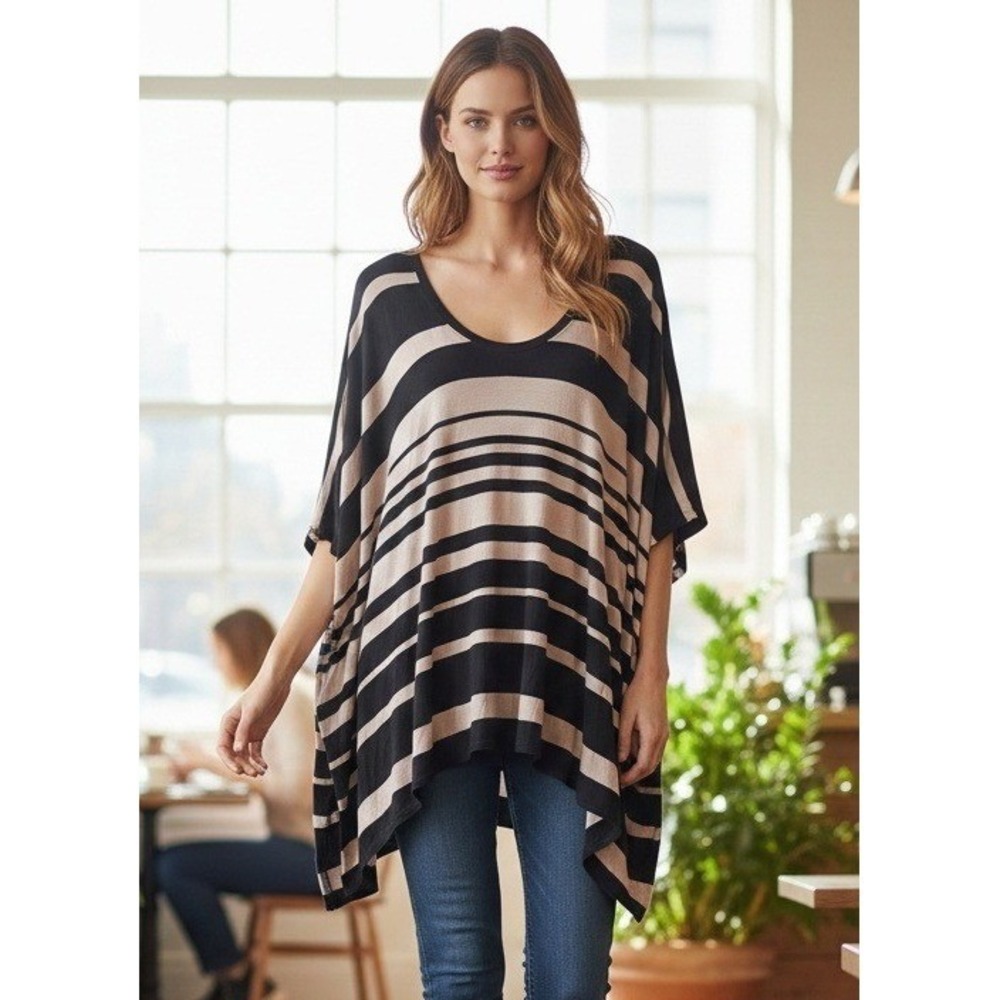 BCBG Maxazria Blouse Womens Size XS/S Black Gray Taupe Stripe Top Knit Lagenlook